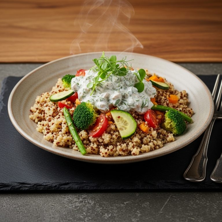 Garden Fresh German Vegetarian Feast: Quinoa Spätzle with Seasonal Vegetable Medley & Creamy Herb Sauce